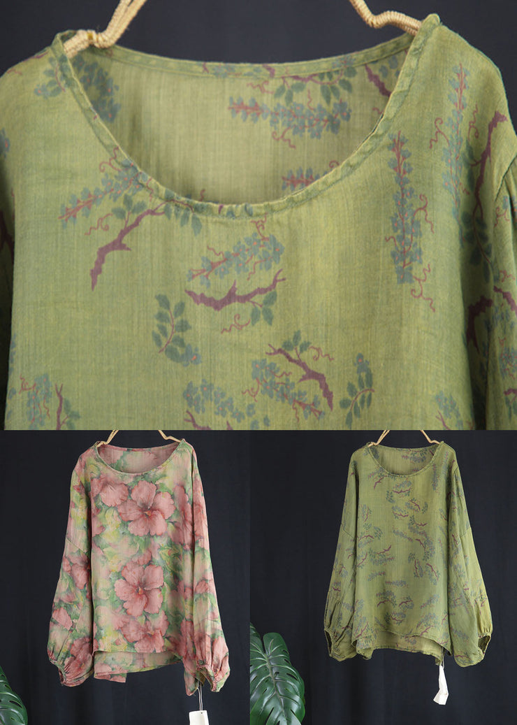 Pink Floral Patchwork Linen Tops O Neck Wrinkled Spring