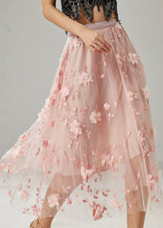 Pink Floral Tulle Beach Skirts Embroidered Summer