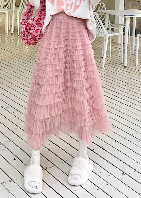 Pink High Waist Tulle Lagered Skirts Spring