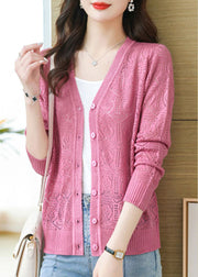 Pink Hollow Out Ice Size Cozy Knit Cardigans Long Sleeve