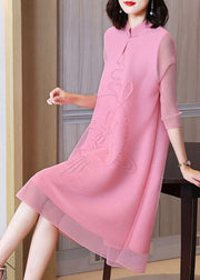 Pink Jacquard A Line Dress Mandarin Collar Wrinkled Bracelet Sleeve