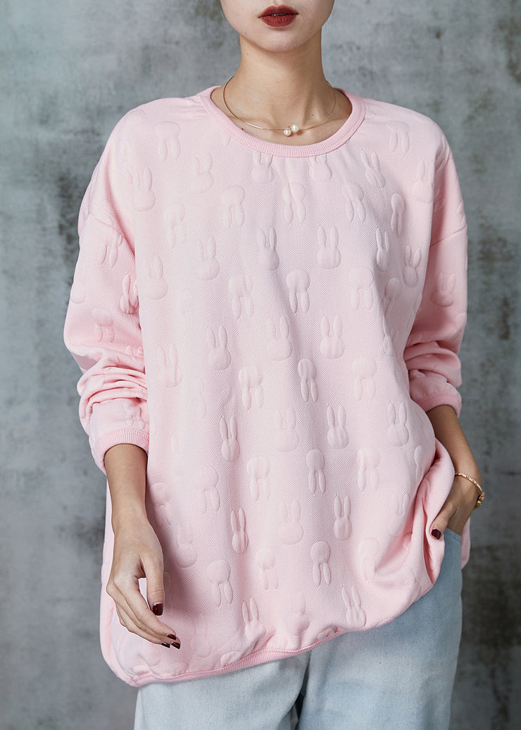 Pink Jacquard Cotton Sweatshirts Top Oversized Spring