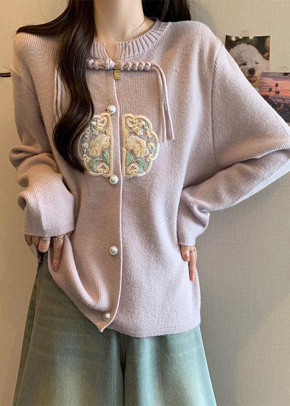 Pink Knit Coats Button Tassel Embroidered Fall