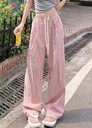 Pink Lace Up Pockets Cotton Pants High Waist Summer