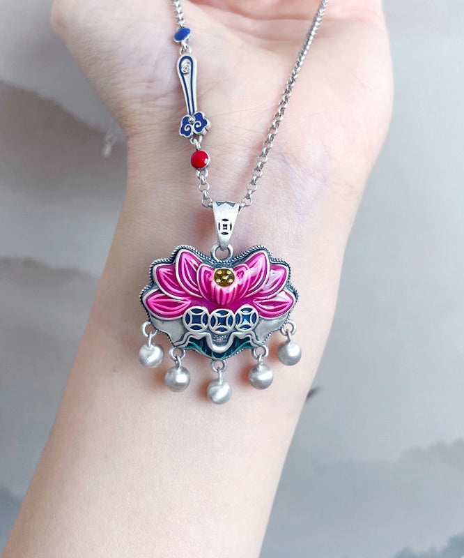 Pink Lotus Tassel Enamel Colorful Retro Style Pendant Necklace