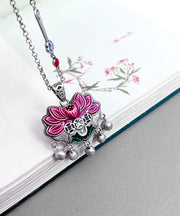 Pink Lotus Tassel Enamel Colorful Retro Style Pendant Necklace