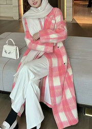 Pink Notched Tie Waist Maxi Woolen Coat Long Sleeve