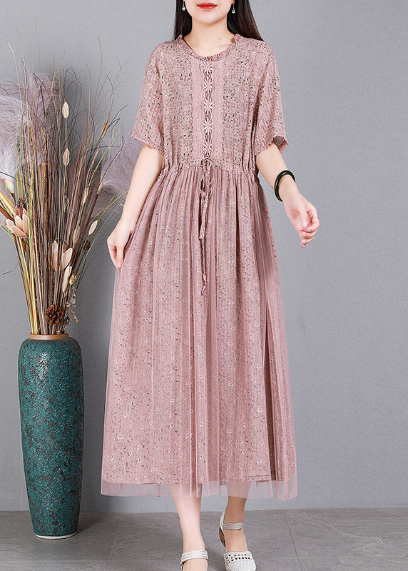 Pink O-Neck Embroideried Floral Tulle Long Dresses Summer