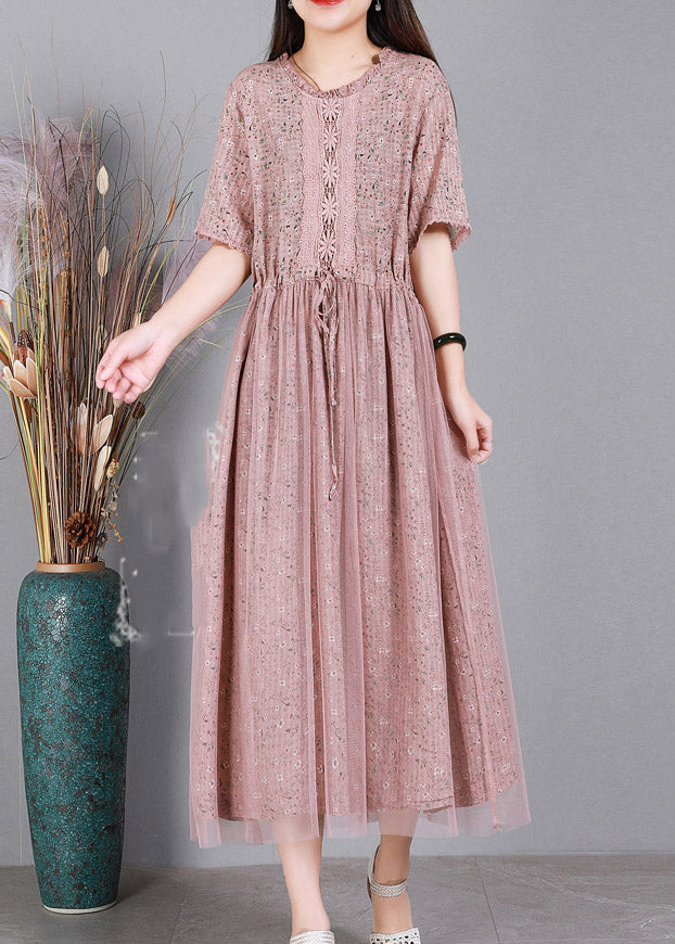 Pink O-Neck Embroideried Floral Tulle Long Dresses Summer