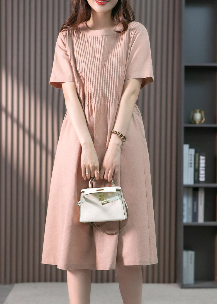 Pink O-Neck Pockets Linen Long Dress Short Sleeve