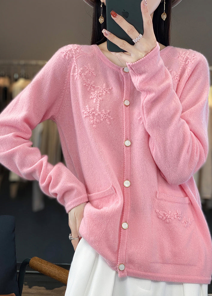 Pink O-Neck Solid Cashmere Knit Cardigan Fall