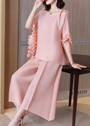 Pink O-Neck Top And Wide Leg Pants Two Piece Set Fall