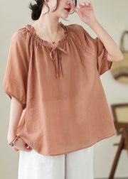 Pink Orange Linen Shirt Top Ruffled Lace Up Summer