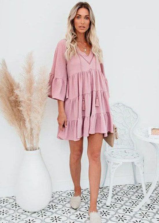 Pink Patchwork Chiffon Maxi Dresses Ruffled V Neck Summer