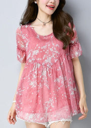 Pink Patchwork Chiffon Shirt O Neck Wrinkled Summer