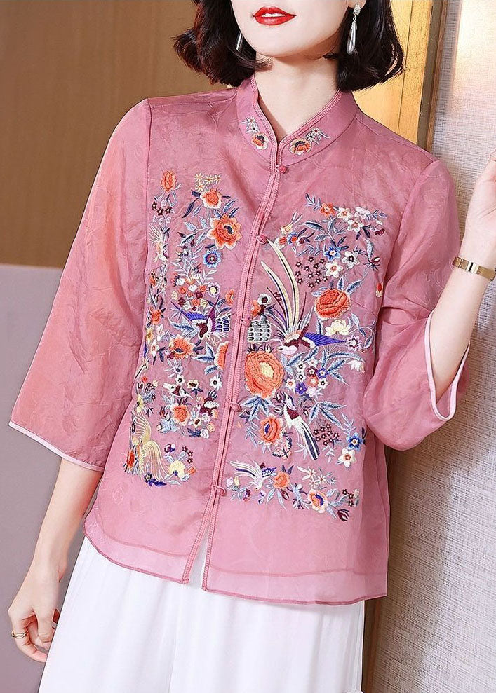 Pink Patchwork Chiffon Shirts Embroideried Stand Collar Button Summer