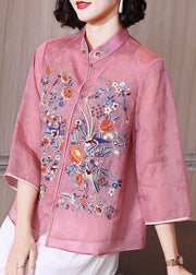 Pink Patchwork Chiffon Shirts Embroideried Stand Collar Button Summer