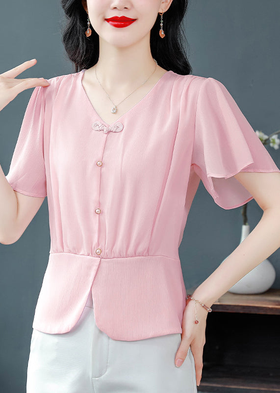 Pink Patchwork Chiffon Top V Neck Wrinkled Summer