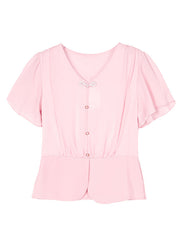 Pink Patchwork Chiffon Top V Neck Wrinkled Summer