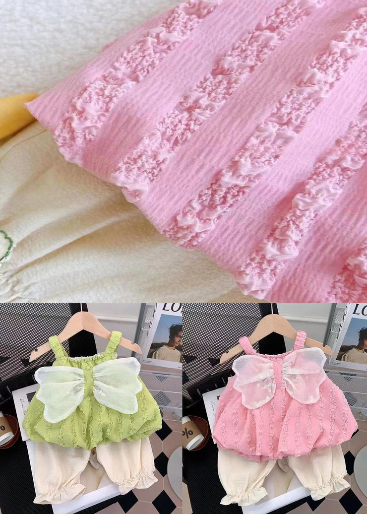 Pink Patchwork Cotton Baby Girls Two Pieces Set Bow Wrinkled Summer