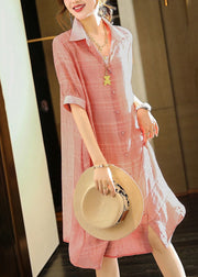 Pink Patchwork Cotton Shirt Dresses Two Piece Set Wrinkled Summer