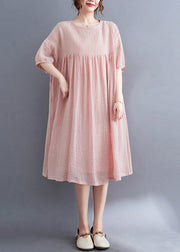 Pink Patchwork Cotton Vacation Dresses Oversized Wrinkled Summer