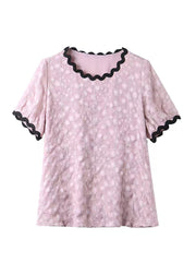 Pink Patchwork Cozy Chiffon T Shirts Puff Sleeve