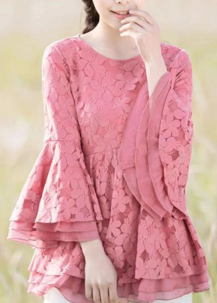 Pink Patchwork Embroideried Lace Shirts O Neck Spring