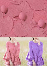 Pink Patchwork Embroideried Lace Shirts O Neck Spring