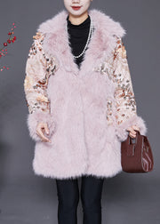 Pink Patchwork Faux Fur Coats Oversized Nail Bead Winter