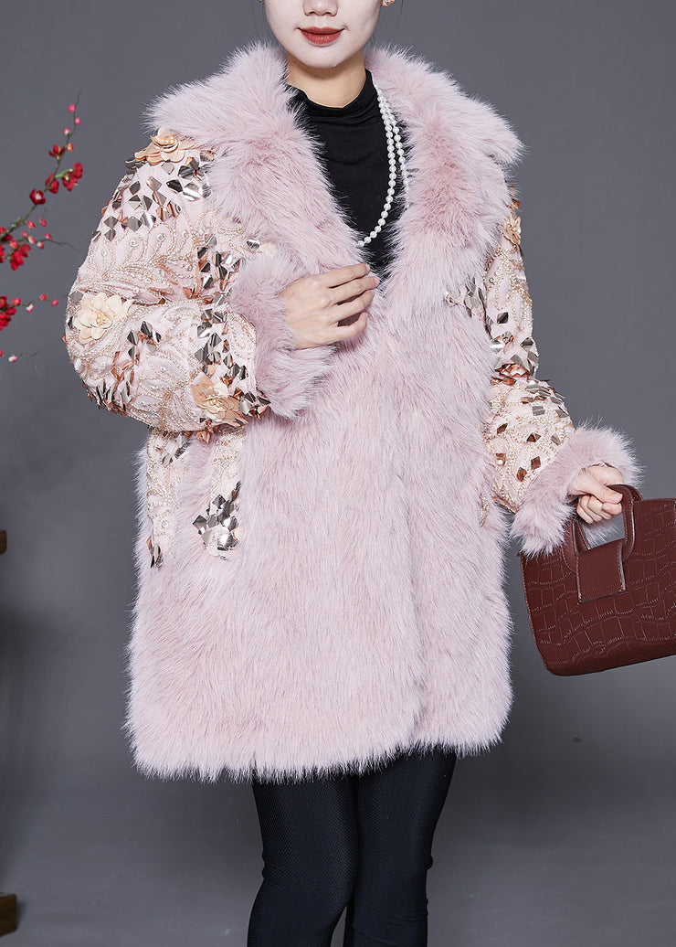 Pink Patchwork Faux Fur Coats Oversized Nail Bead Winter