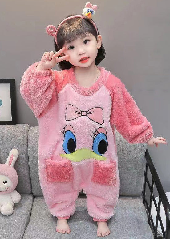 Pink Patchwork Kids Girls Pajamas Jumpsuit O Neck Spring