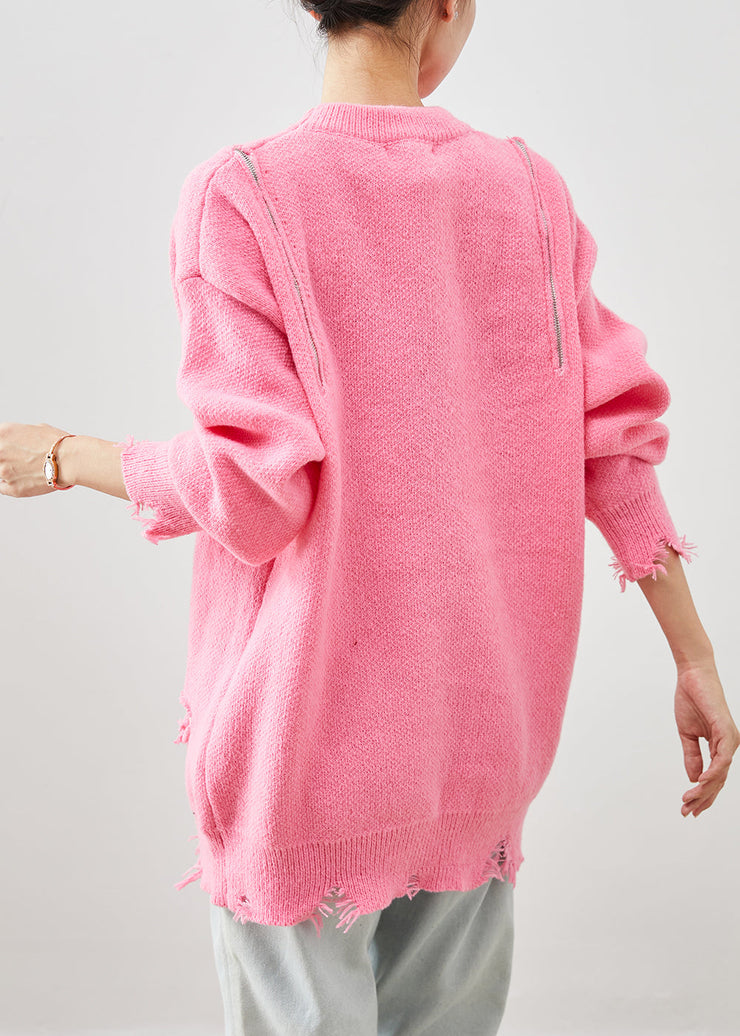 Pink Patchwork Knit Ripped Sweater Tops Cold Shoulder Winter