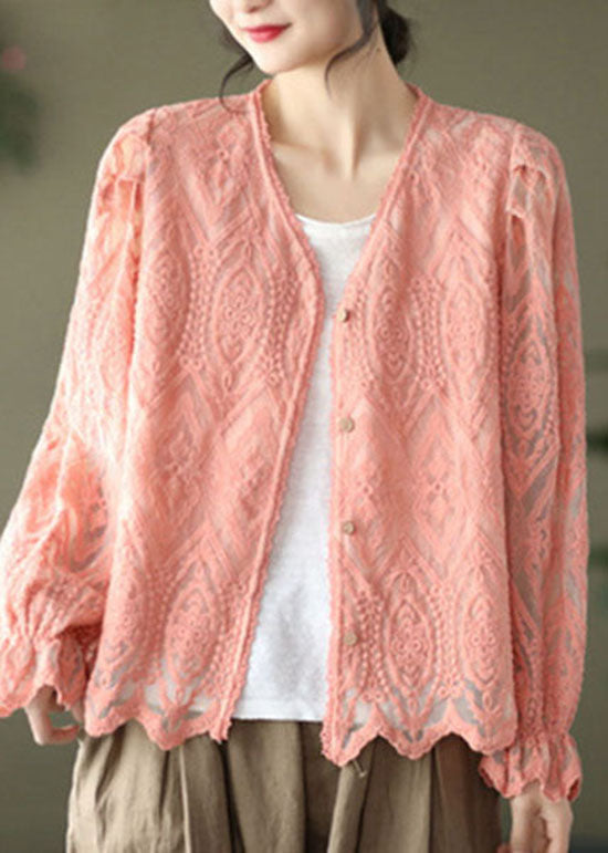 Pink Patchwork Lace Cardigans V Neck Flare Sleeve