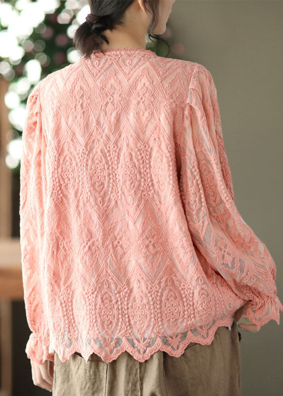 Pink Patchwork Lace Cardigans V Neck Flare Sleeve