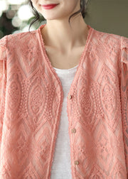 Pink Patchwork Lace Cardigans V Neck Flare Sleeve