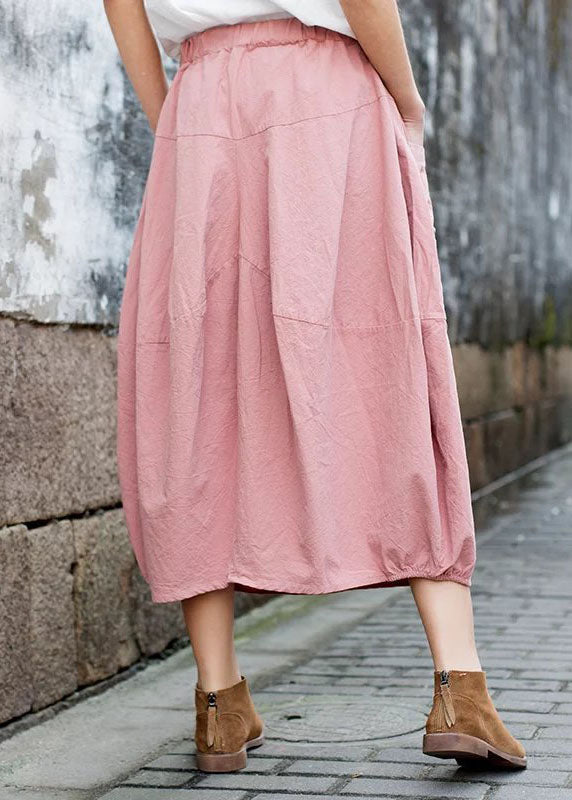 Pink Patchwork Linen A Line Skirt Pockets Solid Color Fall