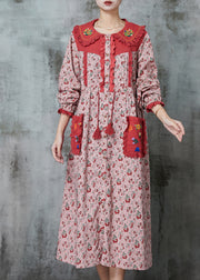 Pink Patchwork Linen Holiday Dresses Embroidered Print Spring