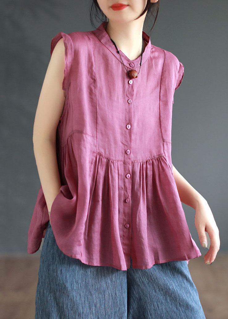 Pink Patchwork Linen Top Stand Collar Wrinkled Button Summer