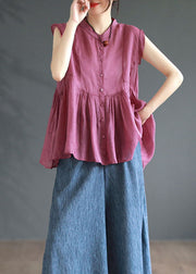 Pink Patchwork Linen Top Stand Collar Wrinkled Button Summer