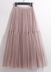 Pink Patchwork Loose Tulle Pleated Skirt High Waist Summer