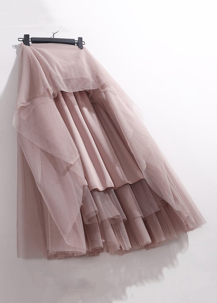 Pink Patchwork Loose Tulle Pleated Skirt High Waist Summer