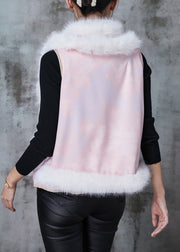 Pink Patchwork Mink Hair Cotton Vest Top Fuzzy Ball Decorated Spring