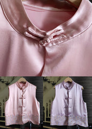 Pink Patchwork Silk Vest Stand Collar Chinese Button Summer