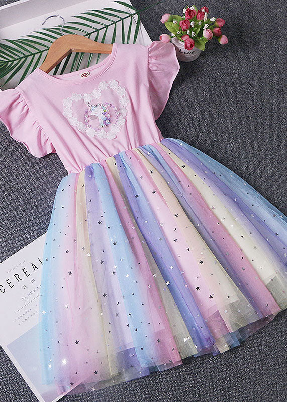 Pink Patchwork Tulle Baby Girls Dress Pony Sequins Wrinkled Summer