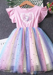 Pink Patchwork Tulle Baby Girls Dress Pony Sequins Wrinkled Summer