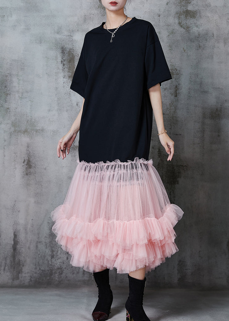 Pink Patchwork Tulle Cotton Long Dress Oversized Summer