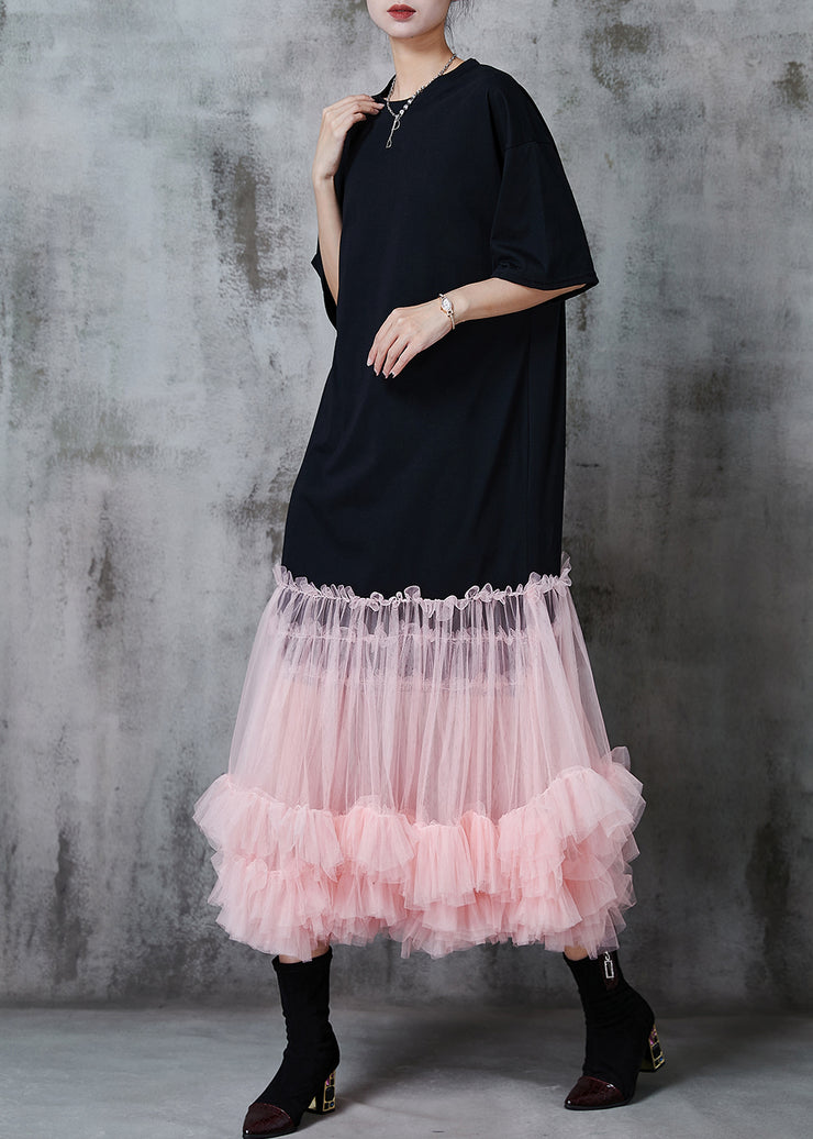 Pink Patchwork Tulle Cotton Long Dress Oversized Summer