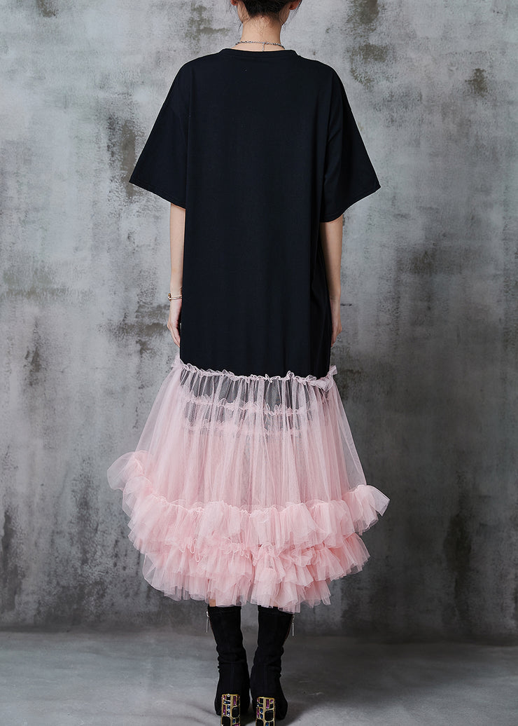 Pink Patchwork Tulle Cotton Long Dress Oversized Summer