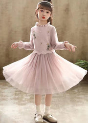 Pink Patchwork Tulle Kids Girls Princess Dress Ruffled Nail Bead Fall